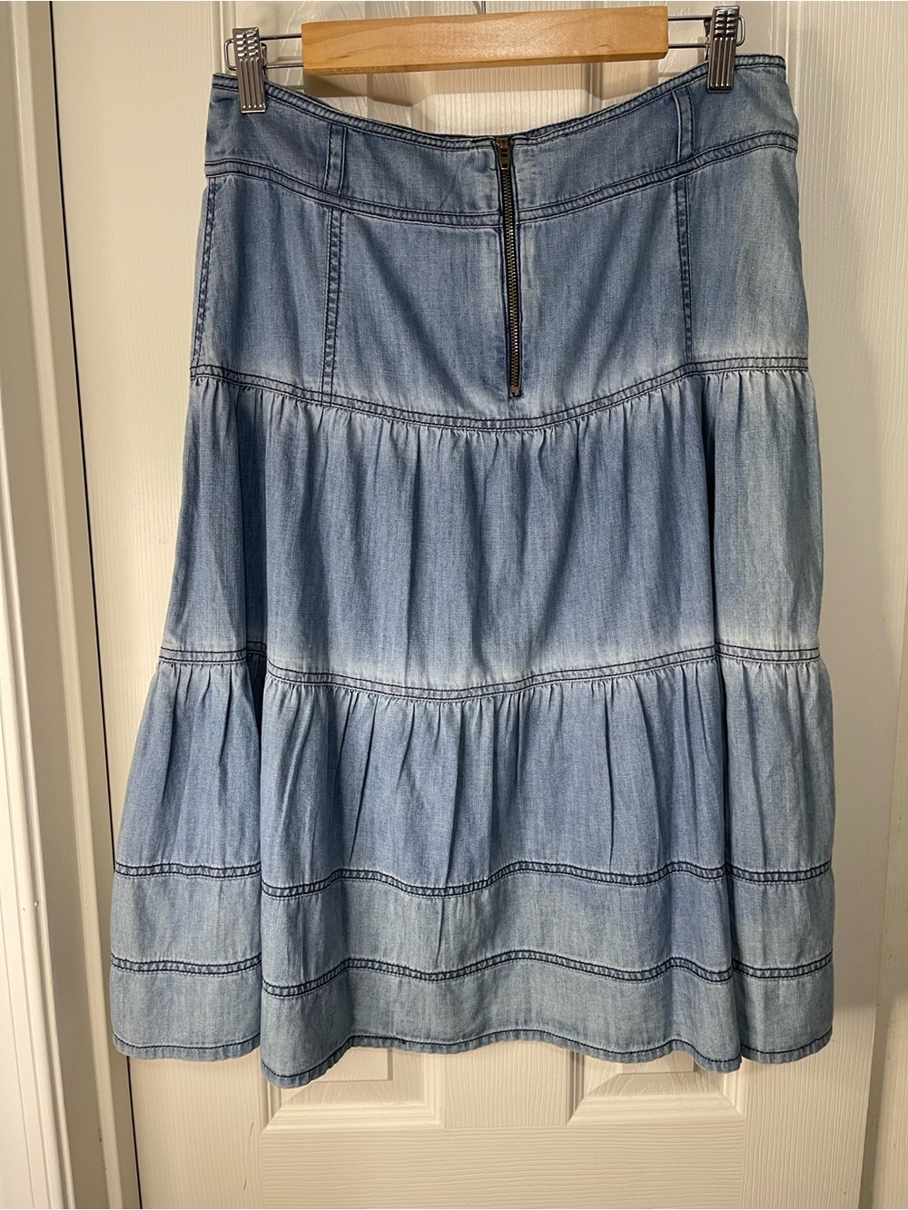 Sundance Light Blue Denim Tiered Western Cowgirl Bohemian Cotton Midi Skirt 8 - Picture 5 of 6